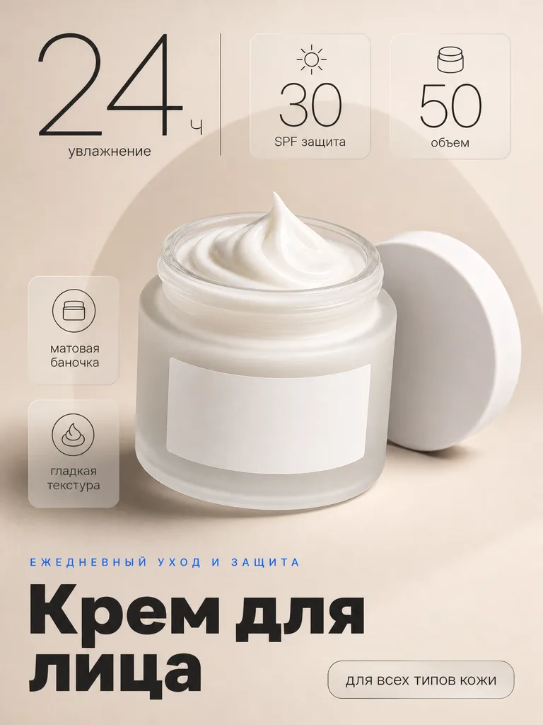 Пример карточки крема для лица с инфографикой на бежевом фоне